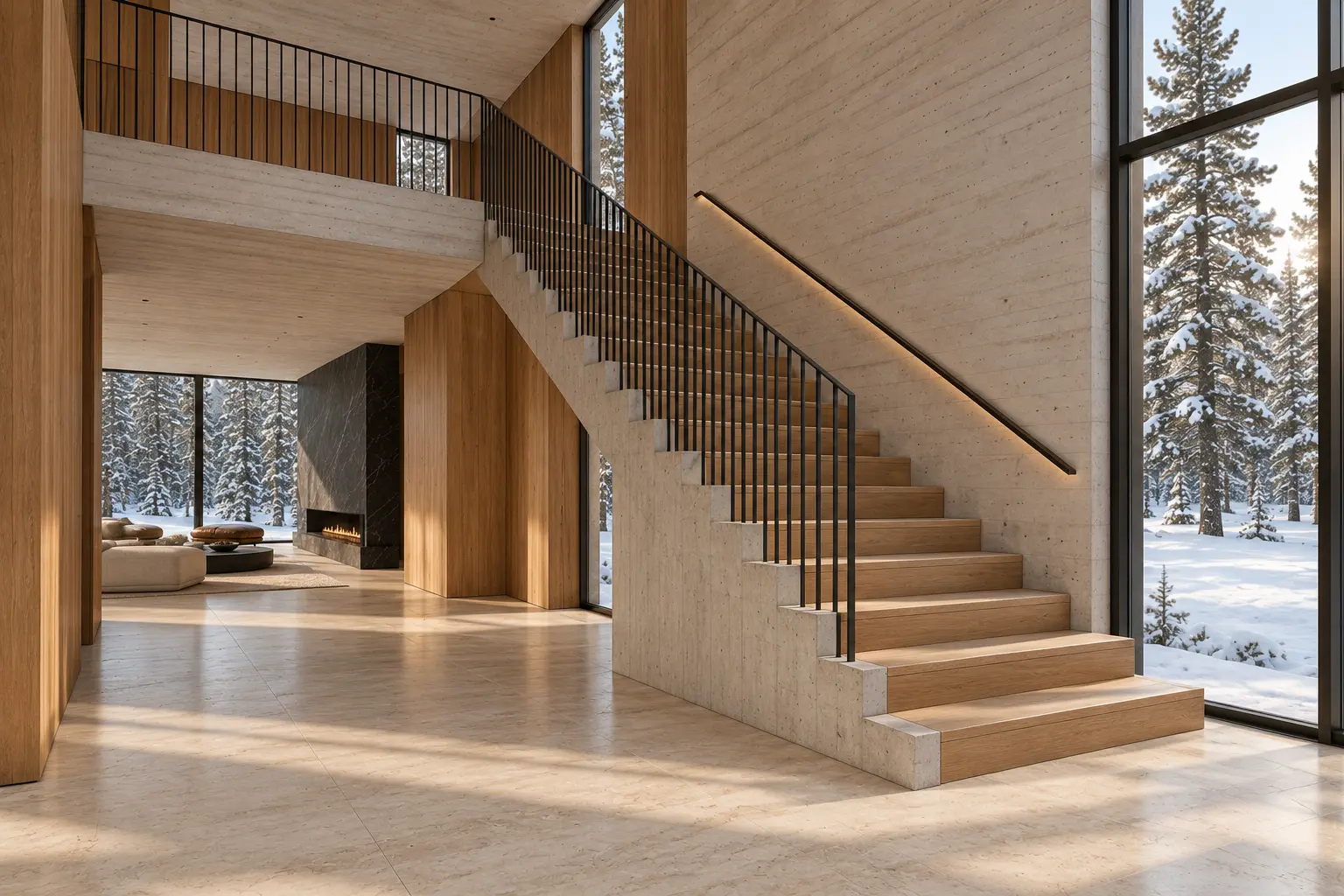 Karlı Villa beton merdiven ve galeri boşluğu, meşe basamaklar