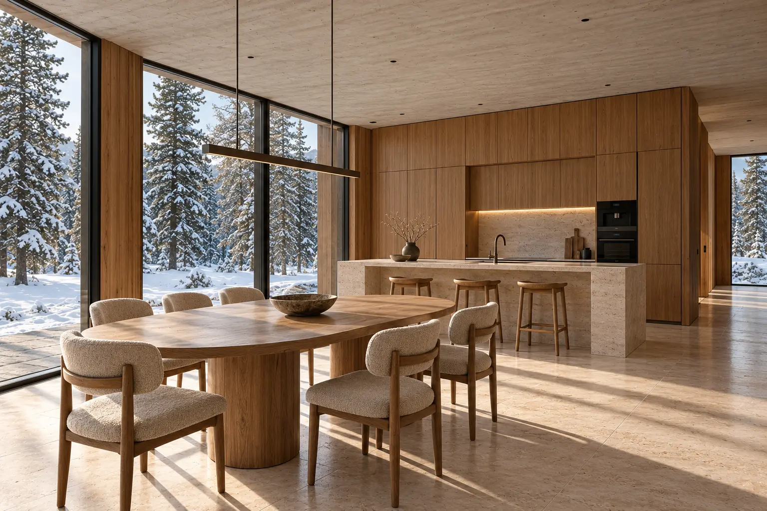 Karlı Villa mutfak ve yemek alanı, meşe mutfak adası ve oval yemek masası