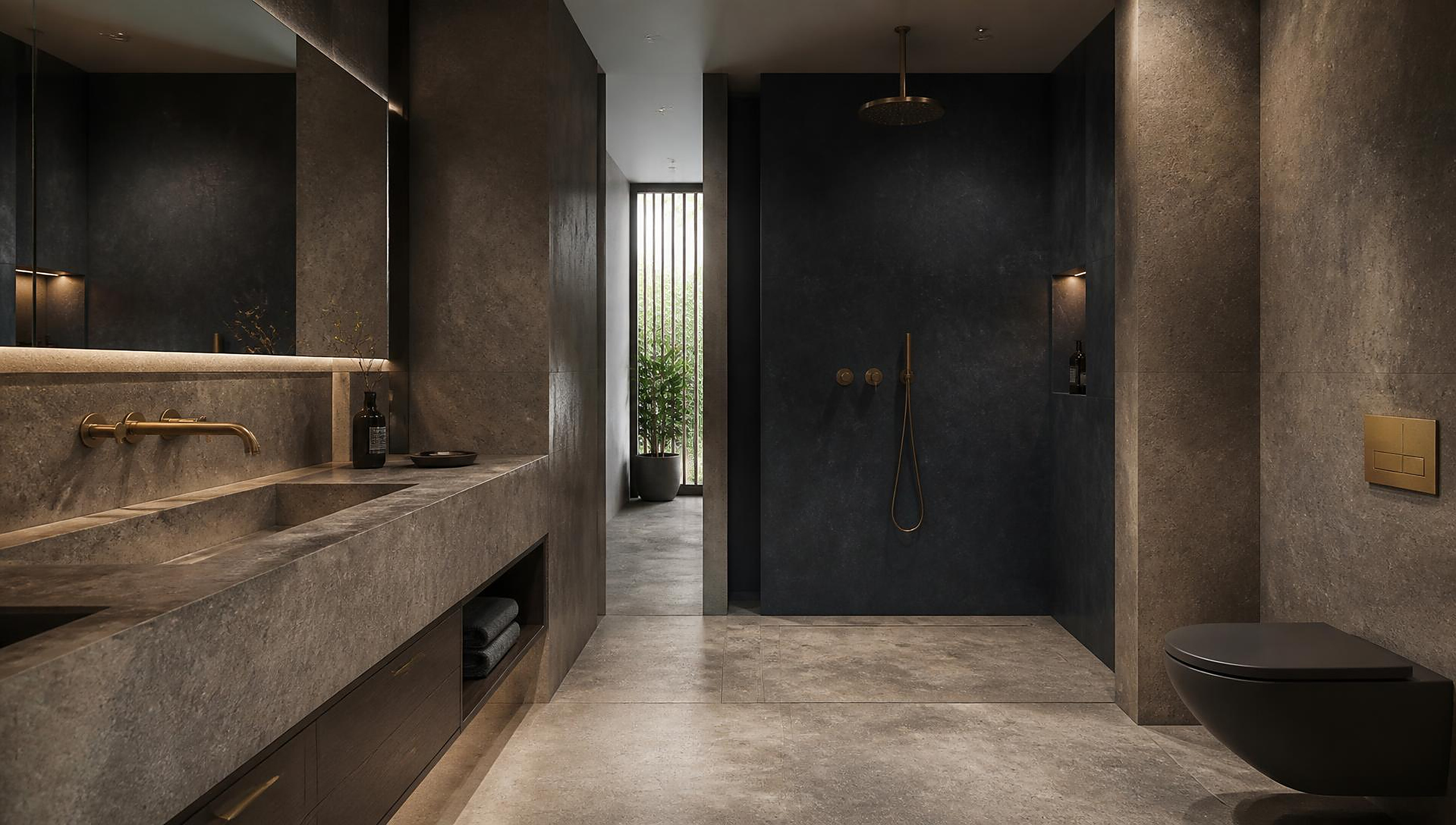 Banyo konsept iç mekan tasarımı — Tek parça taş, Gizli hazne, Spa aydınlatma · gündüz ışığı · Büyükarslan Mimarlık Sakarya (Tasarım Vizyonu · Konsept Görsel)