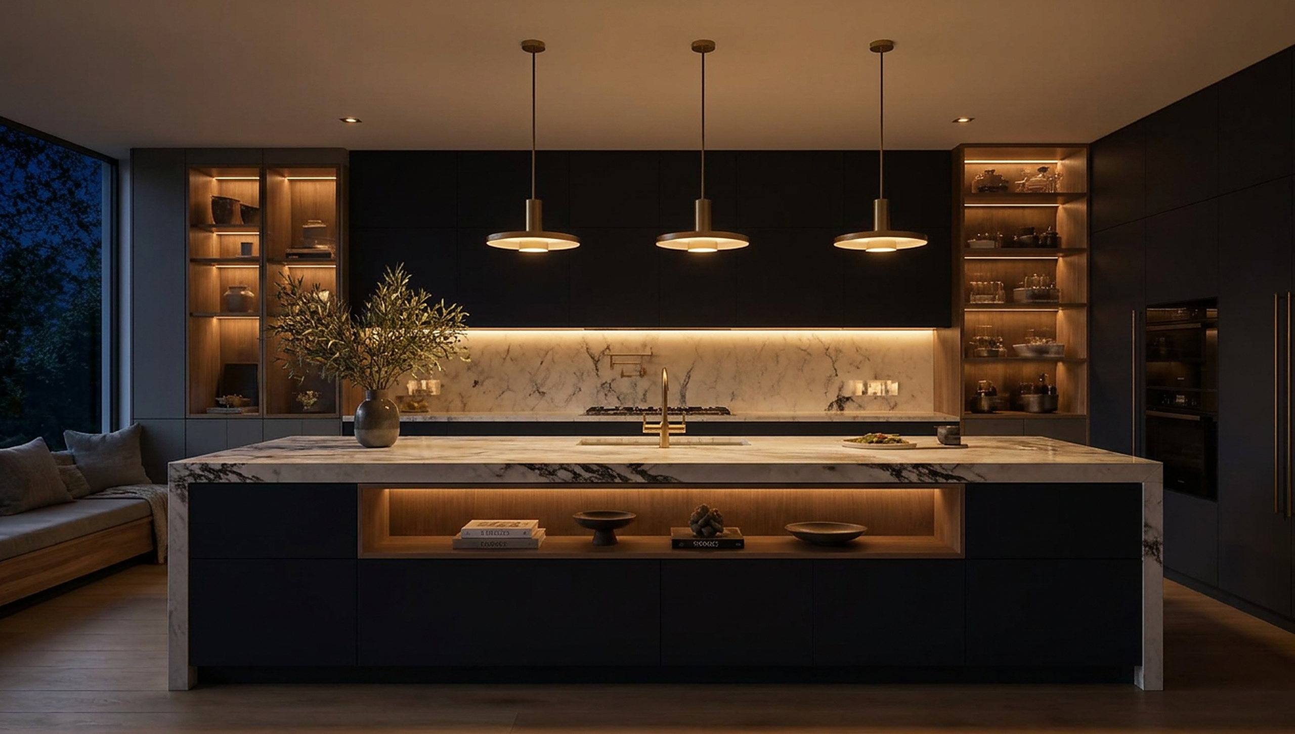 Minimalist Mutfak Konsepti — Akşam kullanımında ışık senaryosu